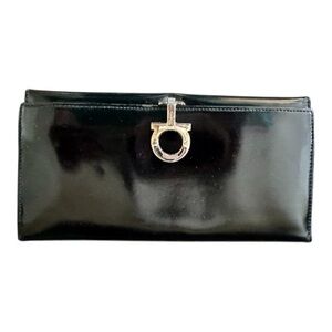 Authentic Salvatore Ferragamo Elegant Black Leather Two-Fold Long Wallet